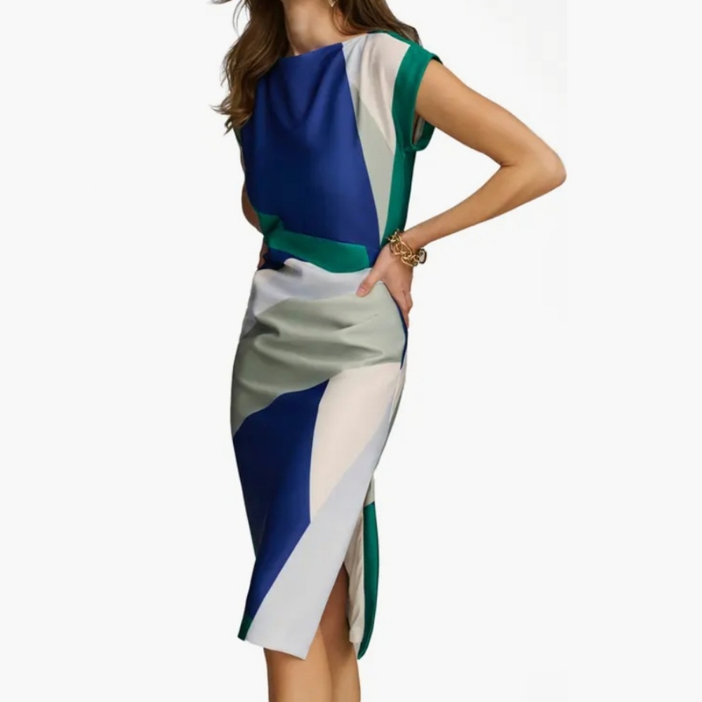 Donna Karan Blue Green Cream Abstract Print Short Sleeve Boat Neck Midi Dress - Picture 4 of 16